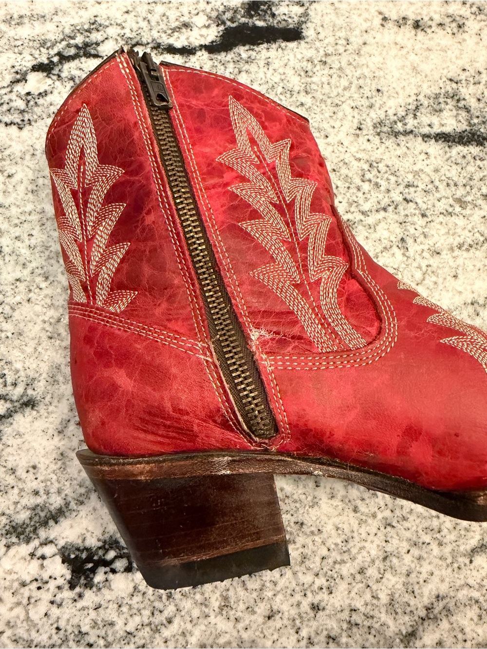 Red Leather Western Ankle Booties with Embroidered Detail - Picture 5 of 12